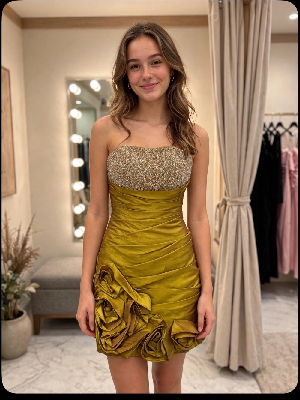 Strapless Olive-Gold Cocktail Dress with Beaded Bodice